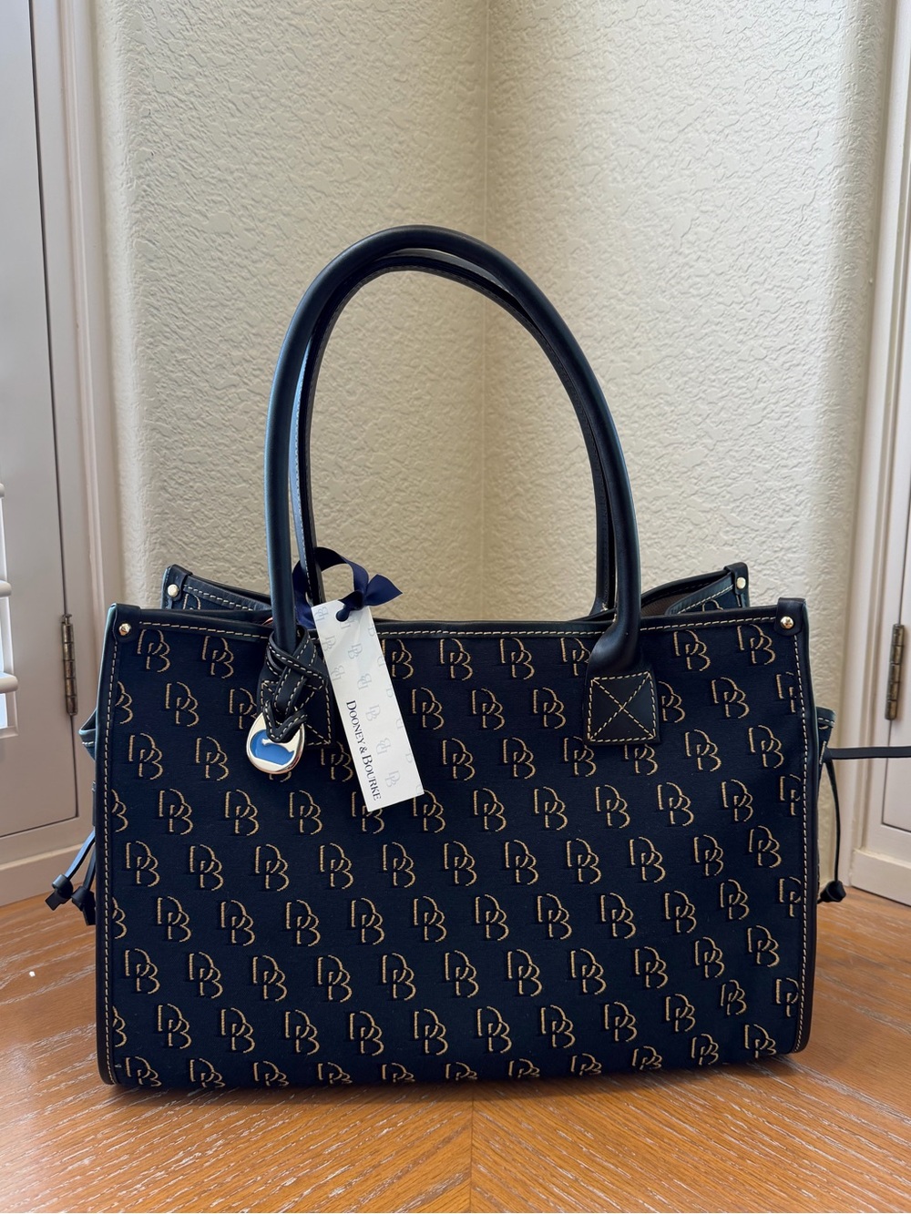NWT Vintage Dooney & Bourke Canvas Navy Blue & Black Monogram Small Tote Bag